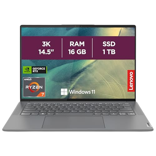 Lenovo Yoga Slim 7 ProX 14ARH7 - Ordinateur Portable 14.5'' 3K (AMD Ryzen 7 6800HS Creator Edition, RAM 16Go, SSD 1To,NVIDIA GeForce RTX 3050 4Go,Windows 11 Home) Clavier rétroéclairé AZERTY FR - Gris